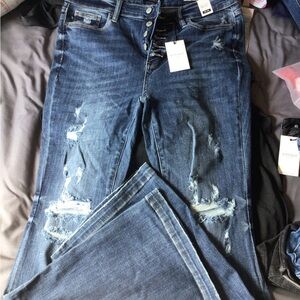 NWT Judy Blue Distressed Dark Blue trouser flare mid rise 15/32